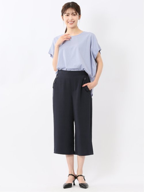 麻調合繊 ボタン付き クロップドパンツ(セットアップ可能)