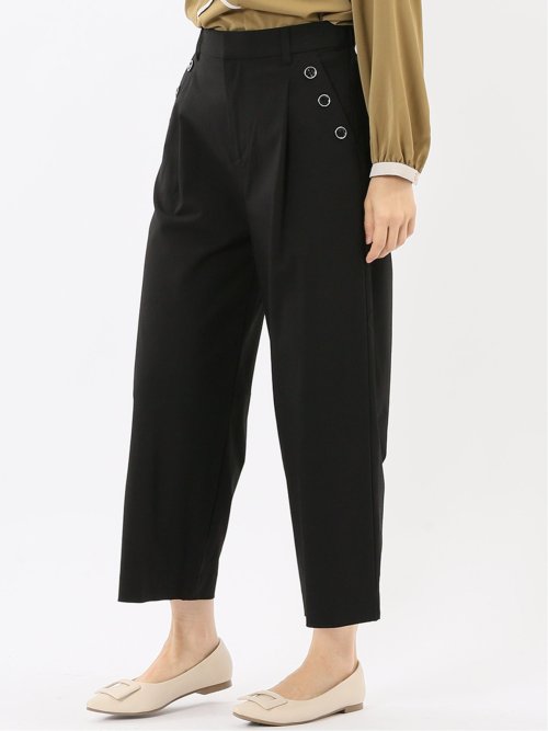 ストレッチ ボタン付き ワンタック ワイドパンツ