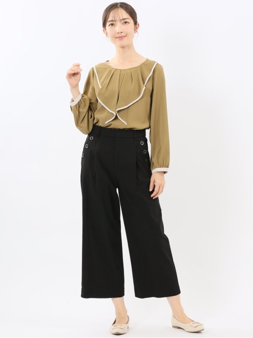 ストレッチ ボタン付き ワンタック ワイドパンツ