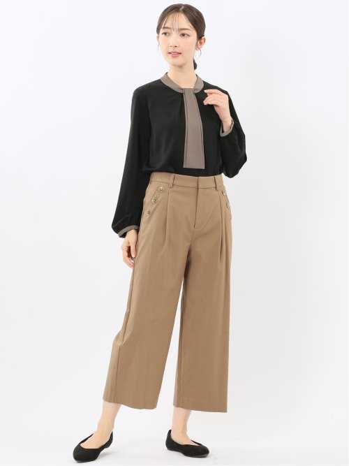 ストレッチ ボタン付き ワンタック ワイドパンツ
