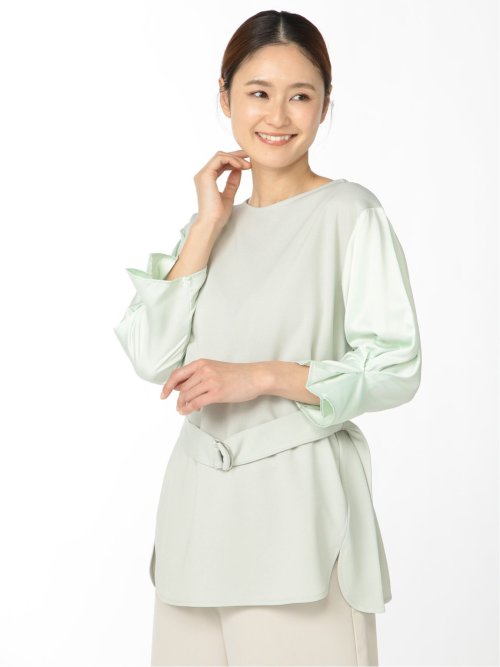 カットジョーゼット ベルト付クルーネック 7分袖チュニック