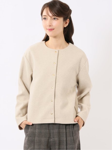 カーディガン レディース 長袖 ストレッチ クルーネック スナップボタン ウーリッシュ カットアウター ややゆったり