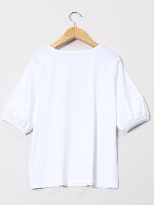 綿スムス クルーネック パフギャザーTシャツ