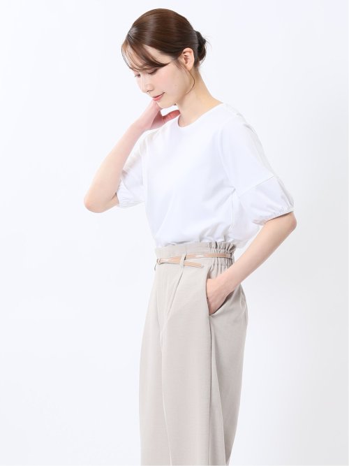 綿スムス クルーネック パフギャザーTシャツ