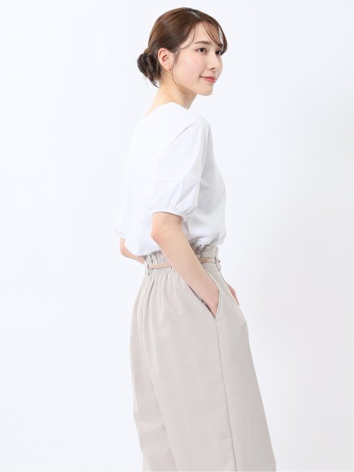 綿スムス クルーネック パフギャザーTシャツ