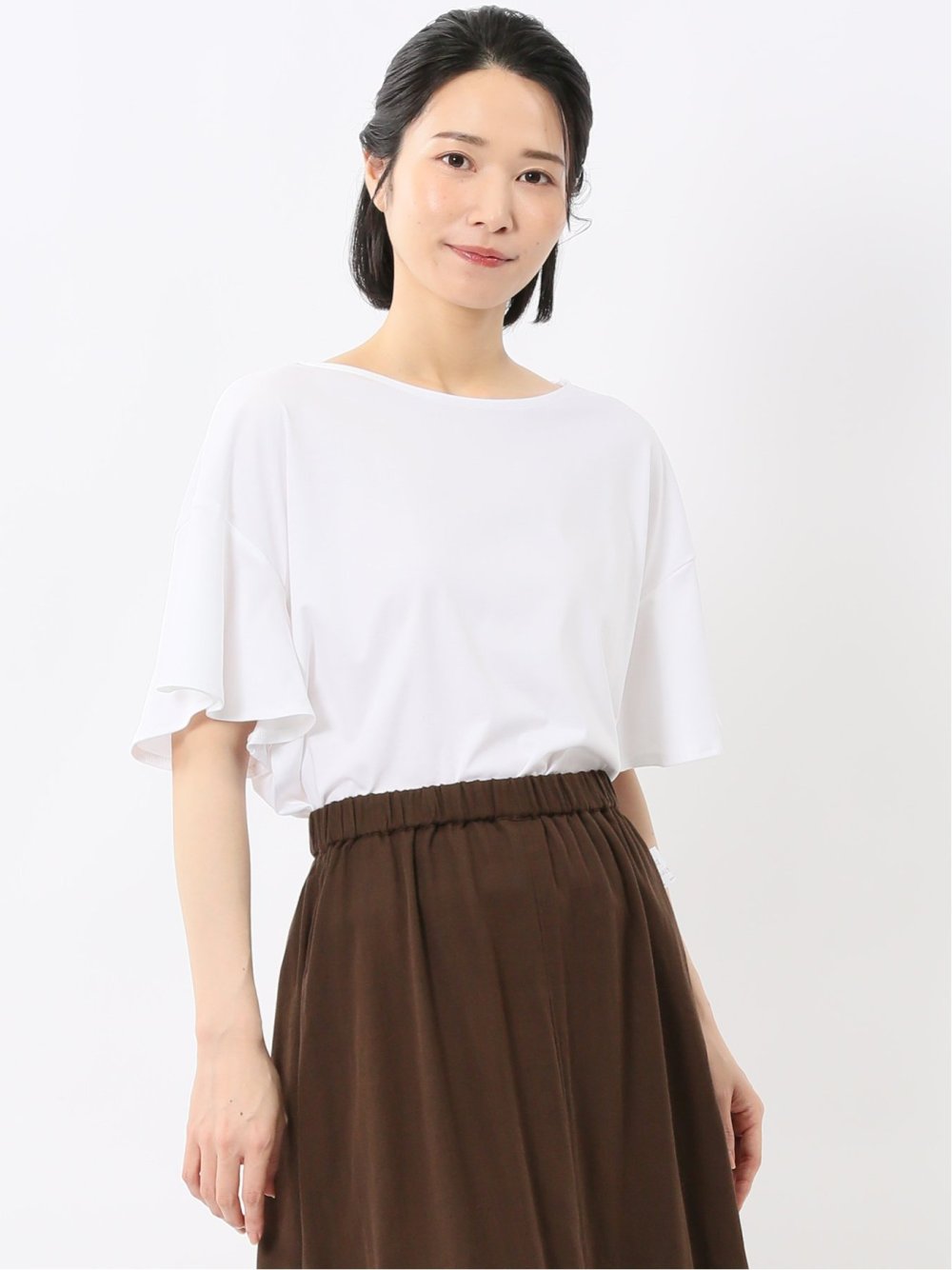 綿スムス クルーネック ラッフルスリープ Tシャツ
