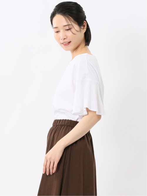 綿スムス クルーネック ラッフルスリープ Tシャツ