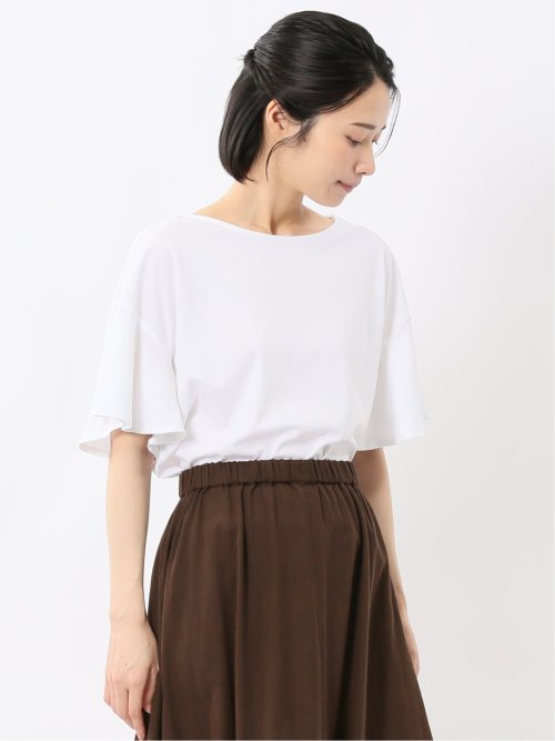 綿スムス クルーネック ラッフルスリープ Tシャツ