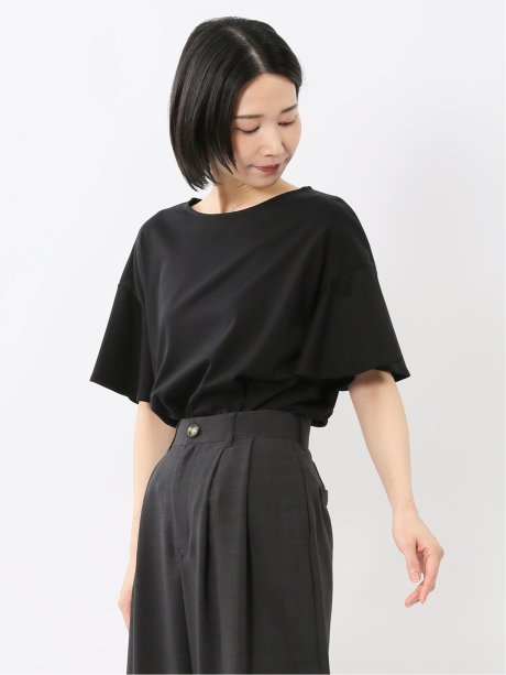 綿スムス クルーネック ラッフルスリープ Tシャツ