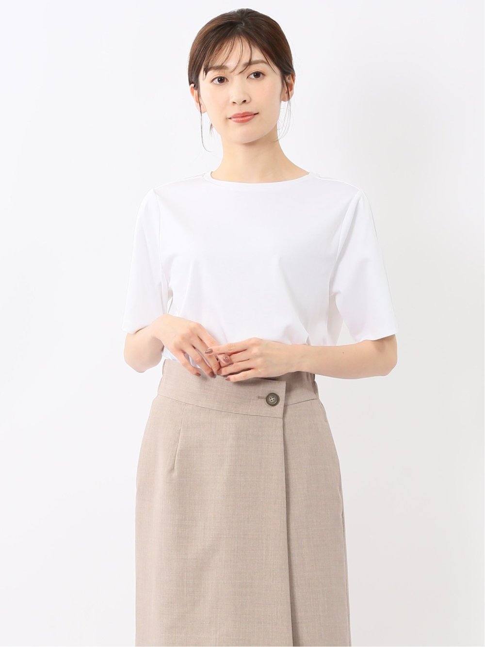 綿スムス クルーネック 袖タックTシャツ