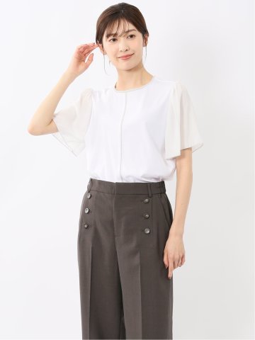 綿スムス クルーネック 袖シフォンTシャツ