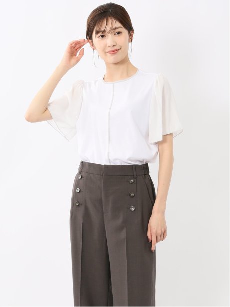 綿スムス クルーネック 袖シフォンTシャツ