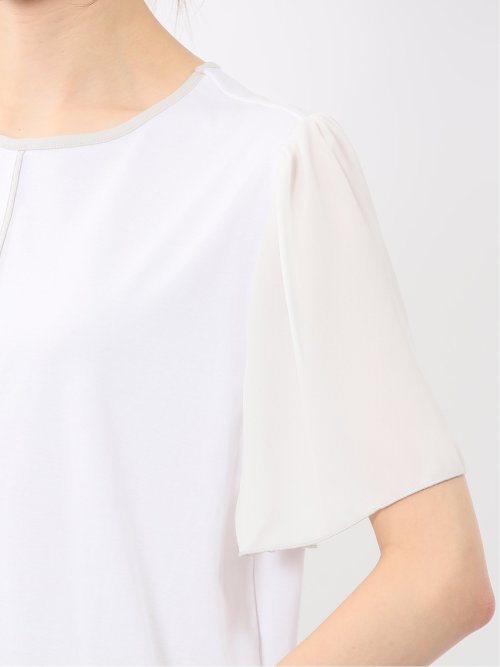 綿スムス クルーネック 袖シフォンTシャツ