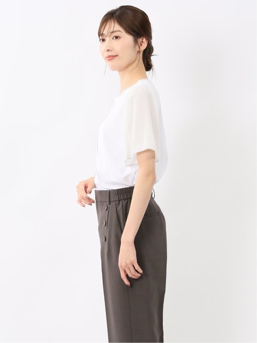 綿スムス クルーネック 袖シフォンTシャツ