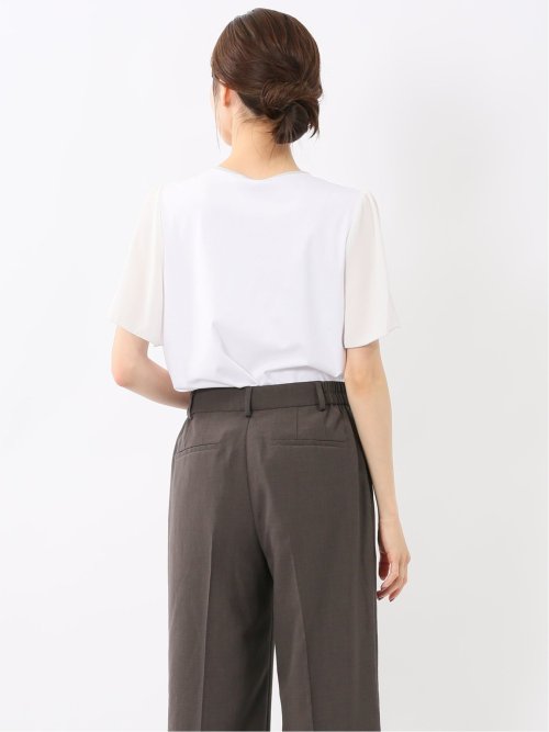 綿スムス クルーネック 袖シフォンTシャツ