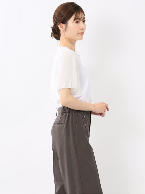 綿スムス クルーネック 袖シフォンTシャツ