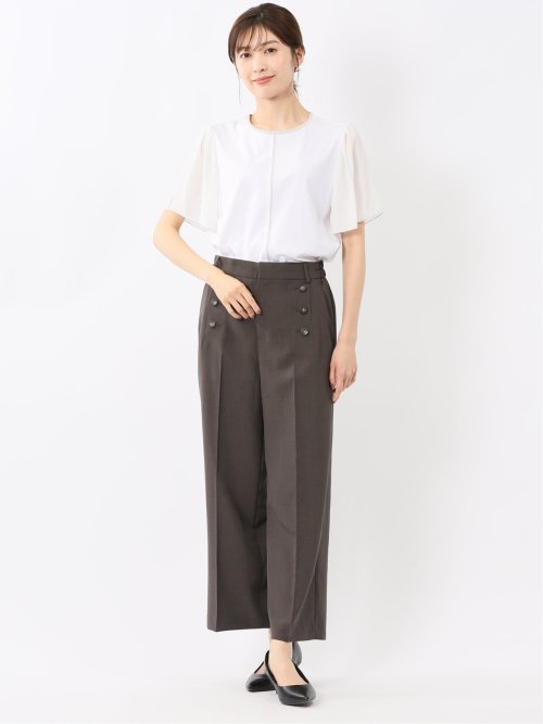 綿スムス クルーネック 袖シフォンTシャツ