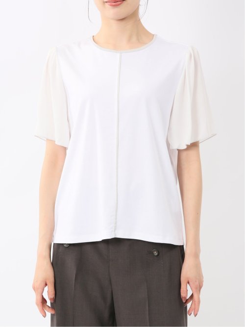 綿スムス クルーネック 袖シフォンTシャツ