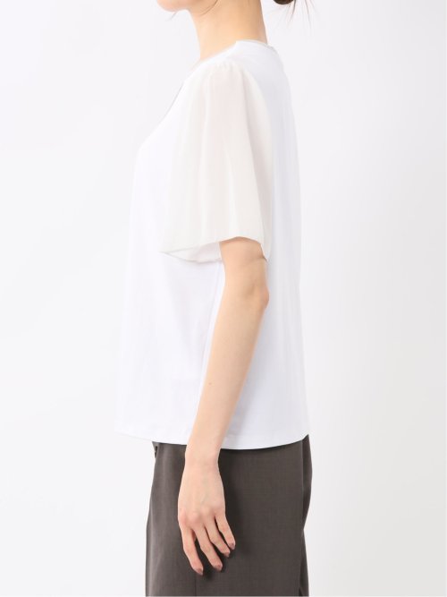 綿スムス クルーネック 袖シフォンTシャツ