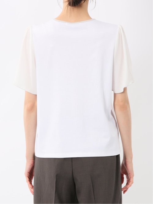 綿スムス クルーネック 袖シフォンTシャツ