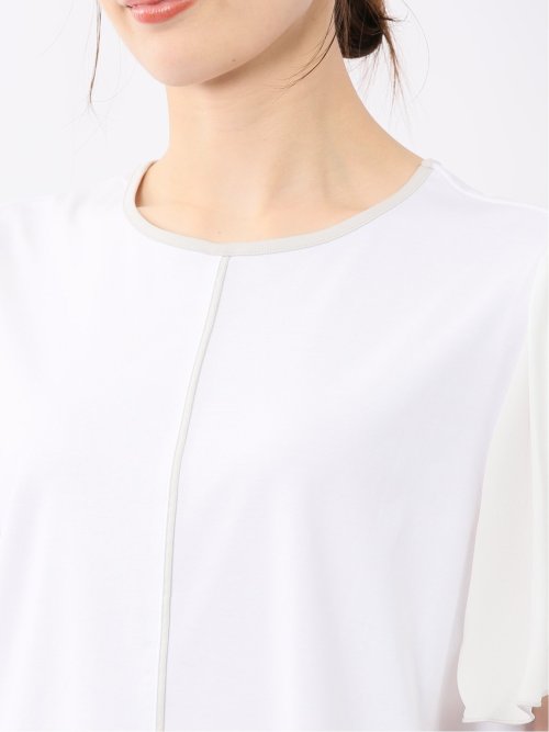 綿スムス クルーネック 袖シフォンTシャツ