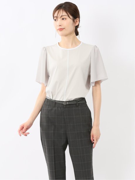 綿スムス クルーネック 袖シフォンTシャツ