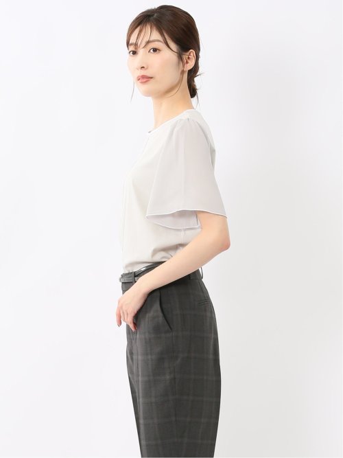 綿スムス クルーネック 袖シフォンTシャツ