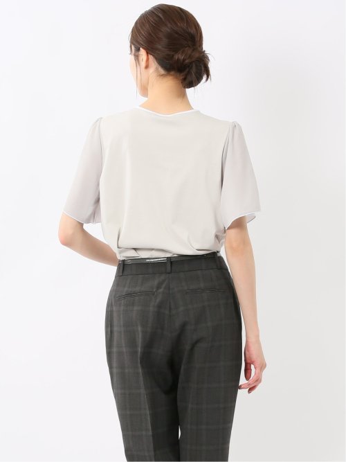 綿スムス クルーネック 袖シフォンTシャツ