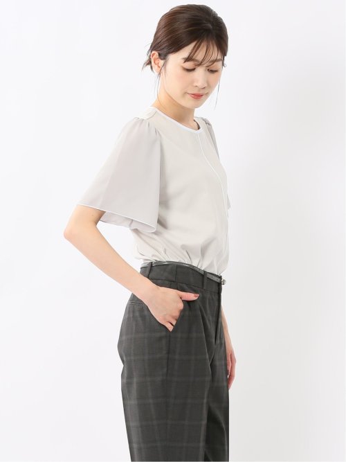 綿スムス クルーネック 袖シフォンTシャツ