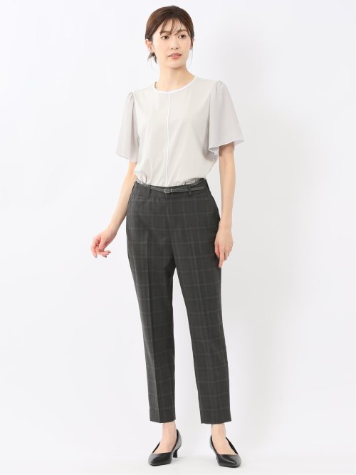 綿スムス クルーネック 袖シフォンTシャツ