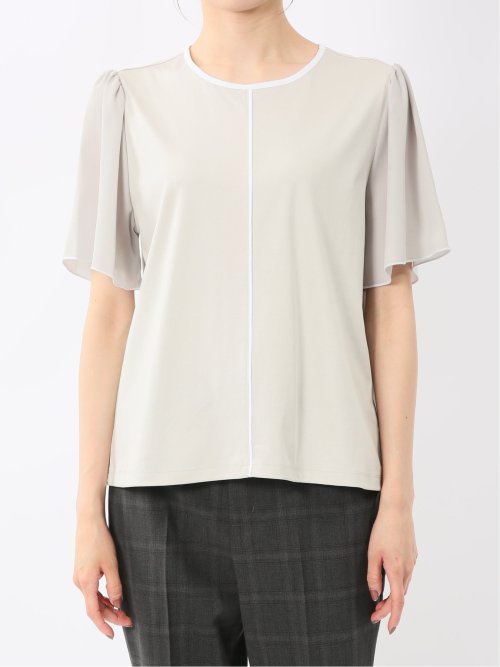 綿スムス クルーネック 袖シフォンTシャツ