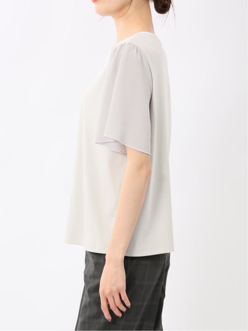 綿スムス クルーネック 袖シフォンTシャツ