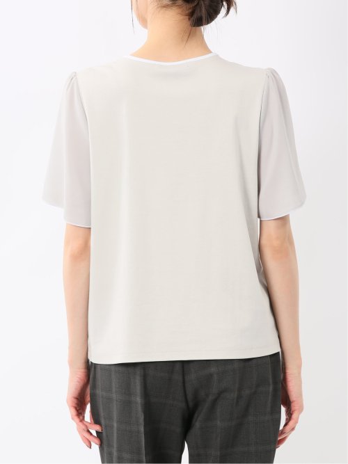 綿スムス クルーネック 袖シフォンTシャツ