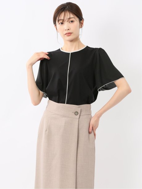 綿スムス クルーネック 袖シフォンTシャツ