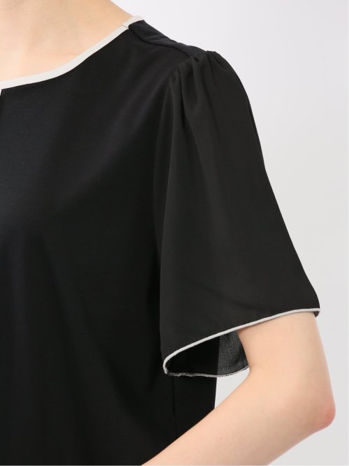 綿スムス クルーネック 袖シフォンTシャツ