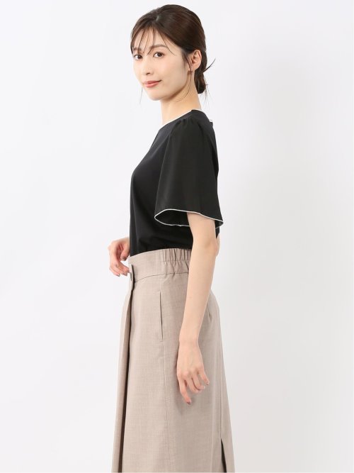 綿スムス クルーネック 袖シフォンTシャツ