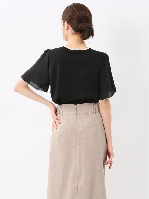 綿スムス クルーネック 袖シフォンTシャツ