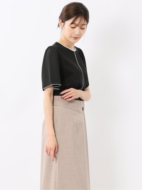 綿スムス クルーネック 袖シフォンTシャツ