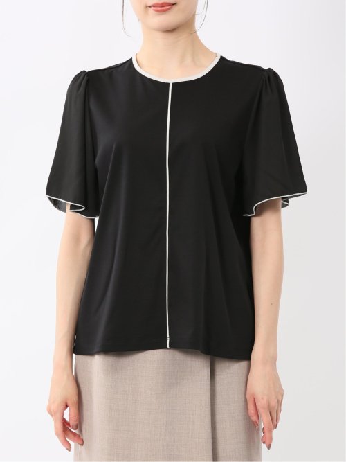 綿スムス クルーネック 袖シフォンTシャツ