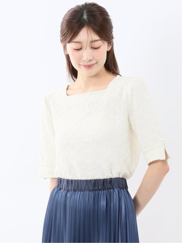 シャーリング スクエアネック 半袖 プルオーバー