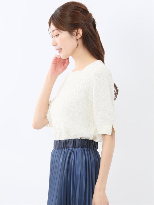 シャーリング スクエアネック 半袖 プルオーバー