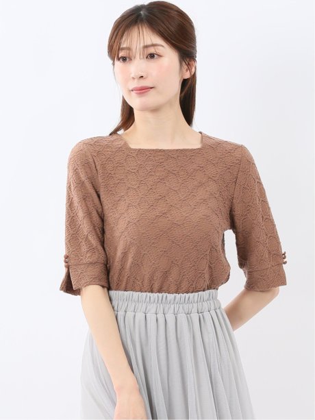 シャーリング スクエアネック 半袖 プルオーバー