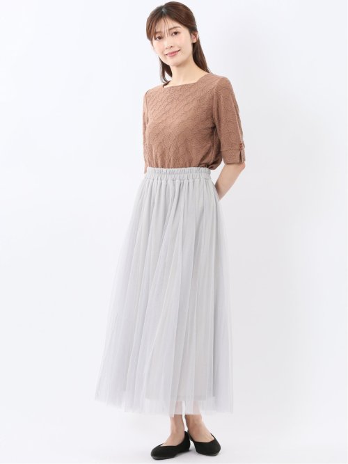 シャーリング スクエアネック 半袖 プルオーバー