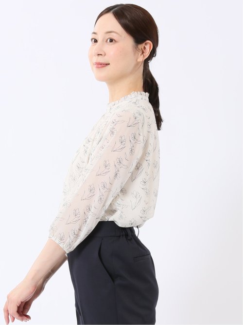 カットブラウス レディース 7分袖 シフォン 花柄 スタンドネック プルオーバー 裏地付き