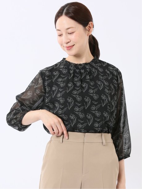 カットブラウス レディース 7分袖 シフォン 花柄 スタンドネック プルオーバー 裏地付き