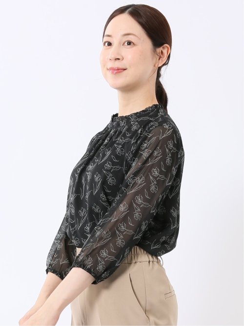 カットブラウス レディース 7分袖 シフォン 花柄 スタンドネック プルオーバー 裏地付き