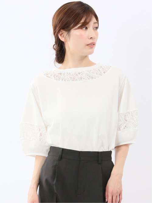 レース切替 クルーネック 半袖プルオーバー