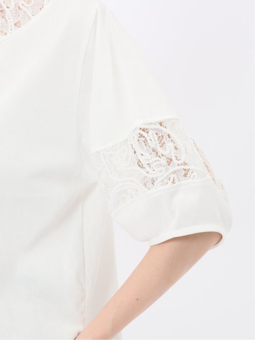 レース切替 クルーネック 半袖プルオーバー