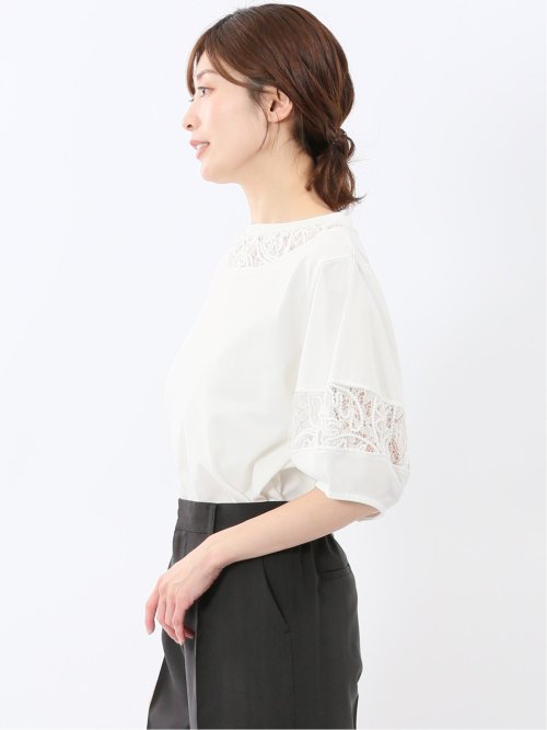 レース切替 クルーネック 半袖プルオーバー