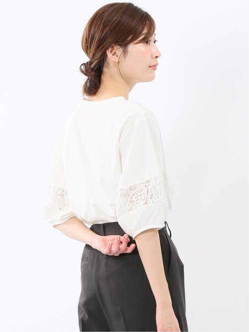 レース切替 クルーネック 半袖プルオーバー